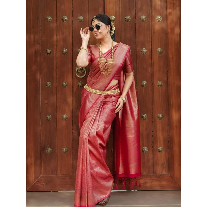 SWAMI STUDIO Ethnic Motifs Woven Design Zari Art Silk Kanjeevaram Saree With Blouse Piece