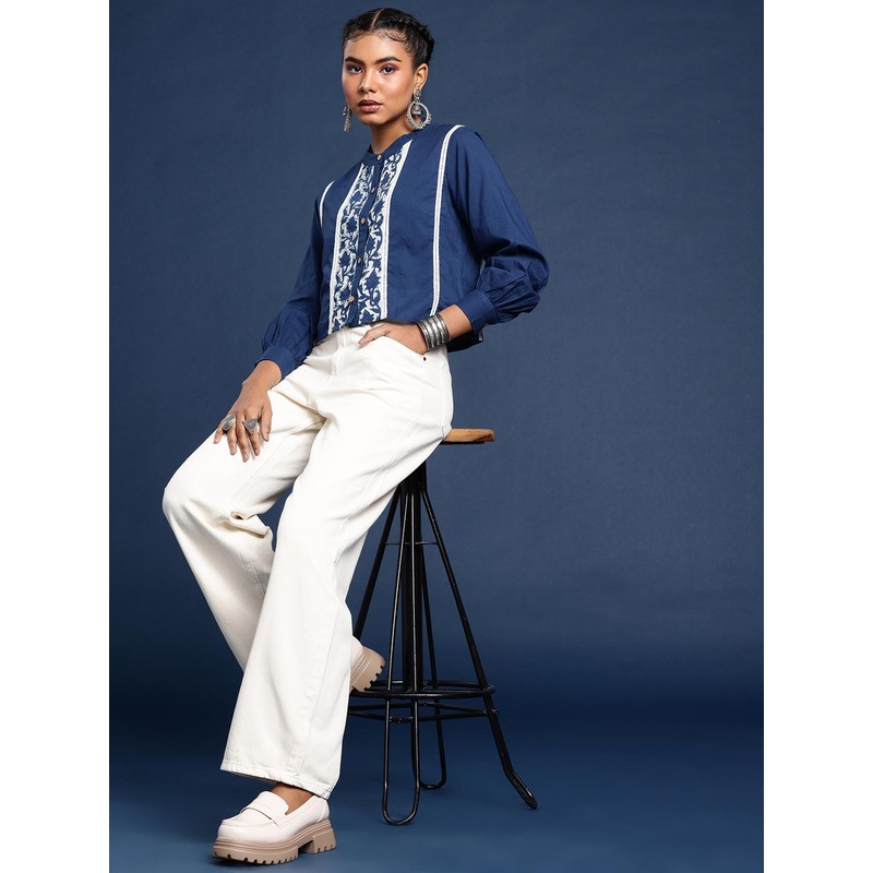 Taavi Printed Mandarin Collar Indigo Pure Cotton Shirt Style Crop Top with Lace Details