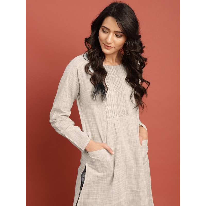 Taavi Women Off-White & Grey Woven Legacy A-Line Sustainable Kurta with Pockets
