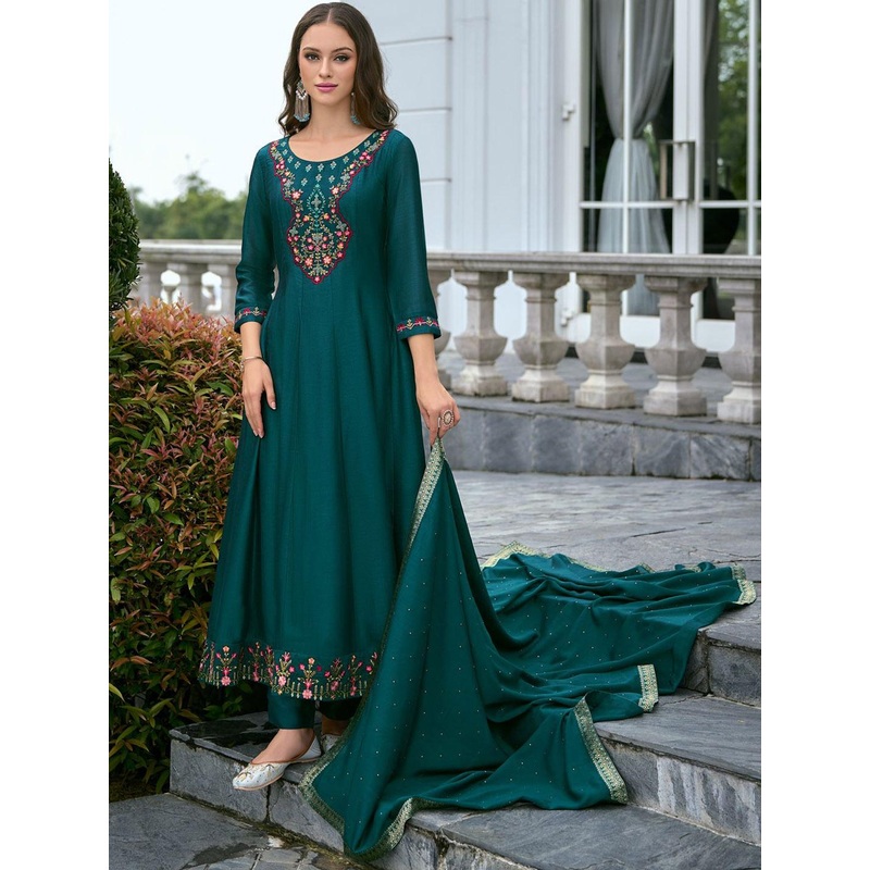 VredeVogel  Floral Embroidered V-Neck Sequinned Anarkali Kurta With Trouser And Dupatta