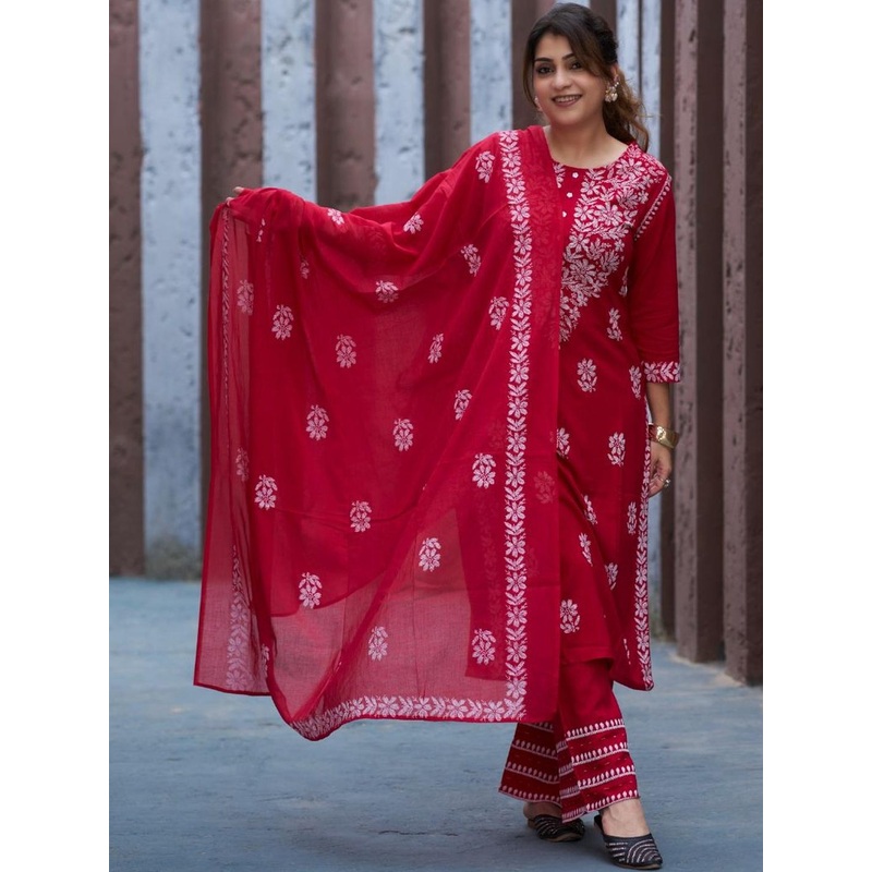 YASH GALLERY  Ethnic Motifs Embroidered Chikankari Straight Kurta With Trousers & Dupatta