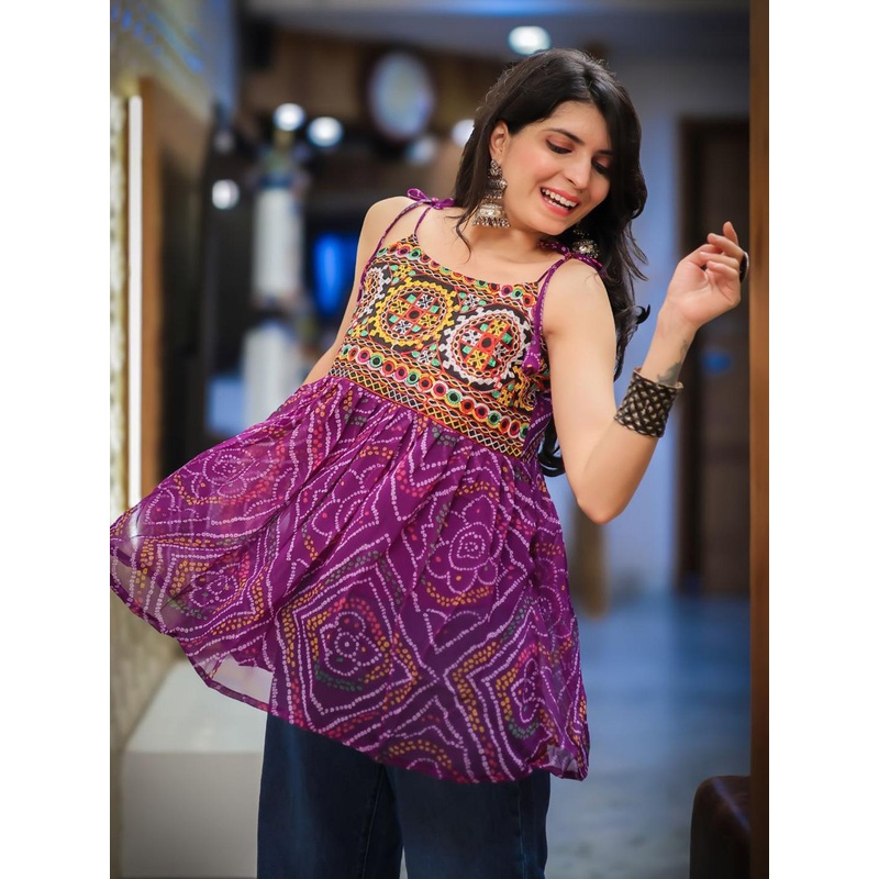 Youthnic Women Bandhani Embroidered Shoulder Knot Flared Pure Georgette Short Kurti