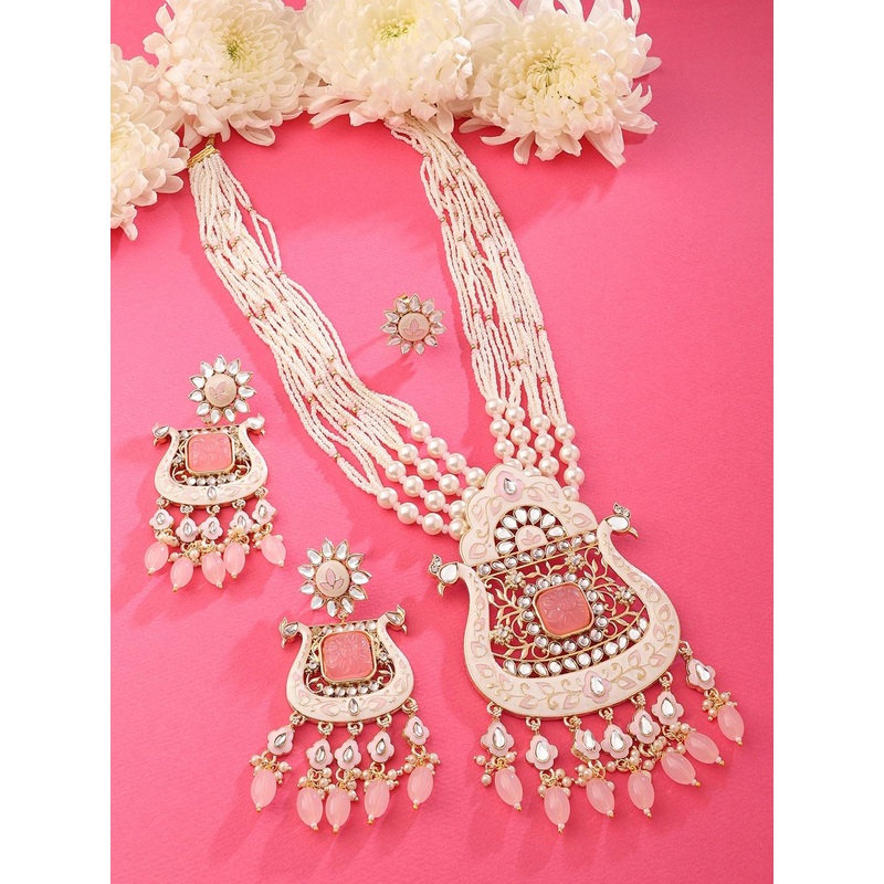 Zaveri Pearls Gold-Plated Stone & Beads-Studded Meenakari Layered Jewellery Set