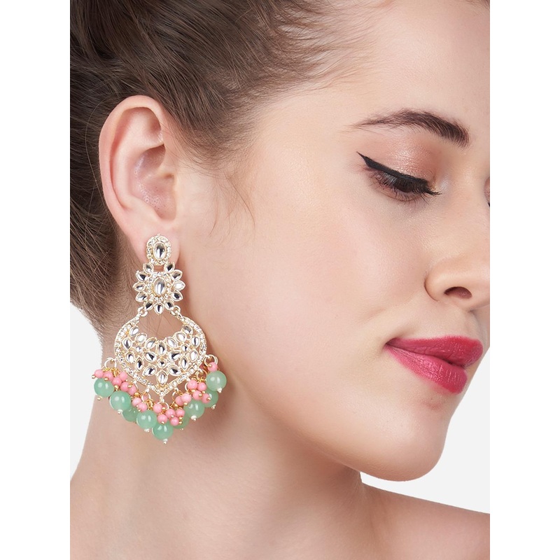 Zaveri Pearls Green & Pink Kundan Studded Drop Earrings
