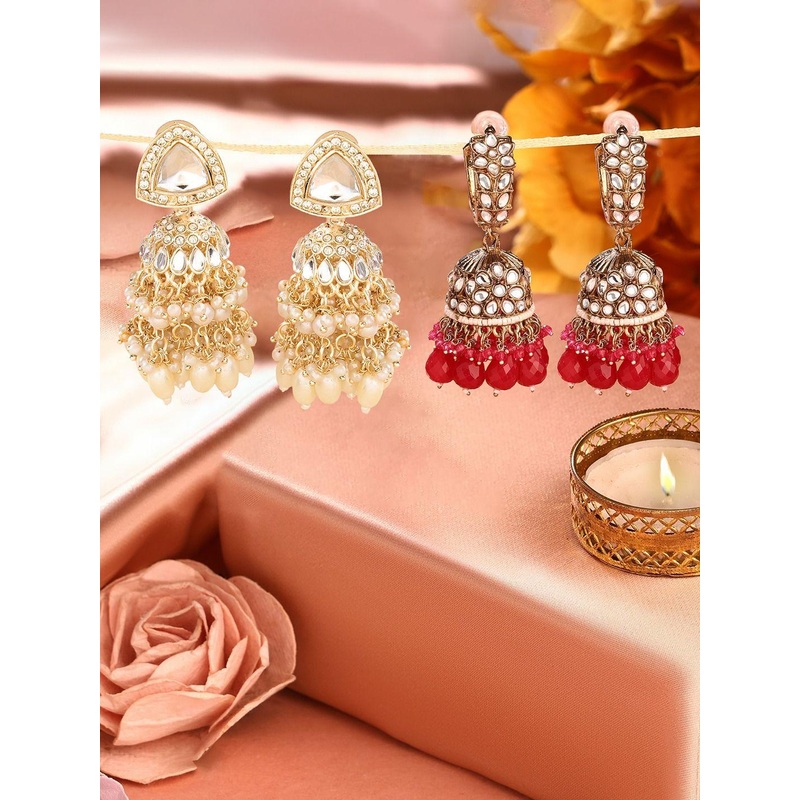 Zaveri Pearls Set Of 2 Gold-Plated Stones & Beaded Statement Dome Shaped Jhumkas