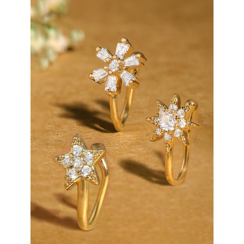 Zaveri Pearls Set Of 3 Cubic Zirconia Stone-Studded Clip On Nose Pins