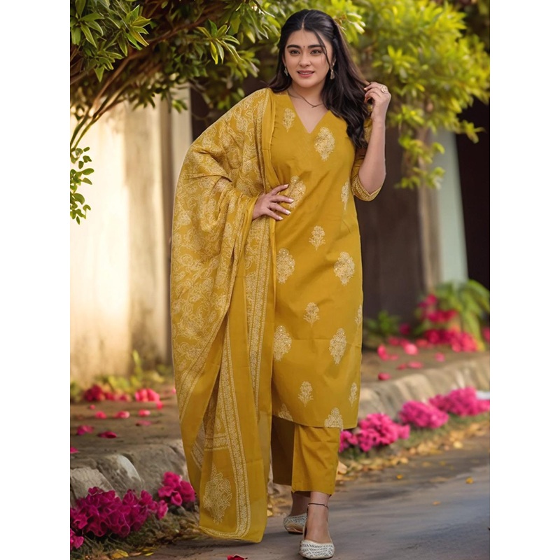 Aaghnya Women Mustard Viscose Rayon Kurta Sets