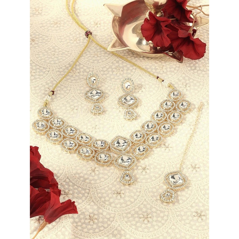AMI Gold-Plated Austrian Diamond Stone Studded Necklace and Earrings With Maang Tika