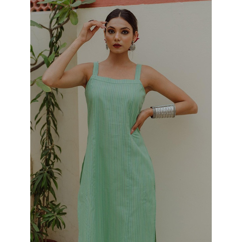 anayna Women Green Pure Cotton Kantha Work Striped Kurta