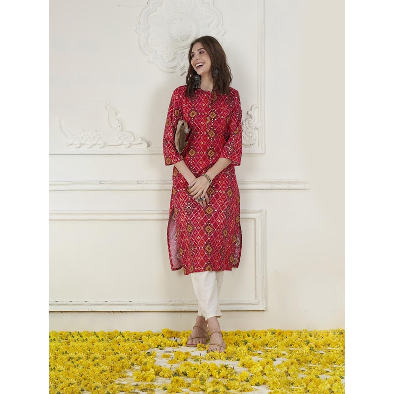 Anouk Bandhani Printed Mandarin Collar Straight Kurta
