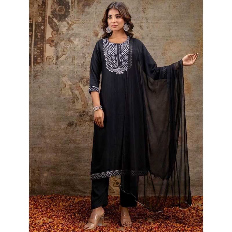 Anouk Black Ethnic Motifs Embroidered Pure Cotton Straight Kurta With Trousers And Dupatta