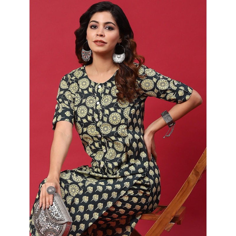 Anouk Black Ethnic Motifs Printed Pure Cotton Straight Kurta With Trousers