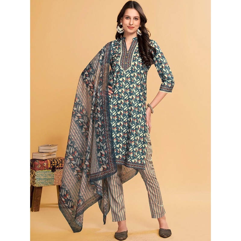 Anouk Blue Floral Printed Mandarin Collar Regular Kurta With Trousers & Dupatta