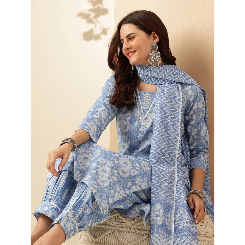 Anouk Blue Floral Printed Regular Thread Work Pure Cotton Kurta With Patiala & Dupatta