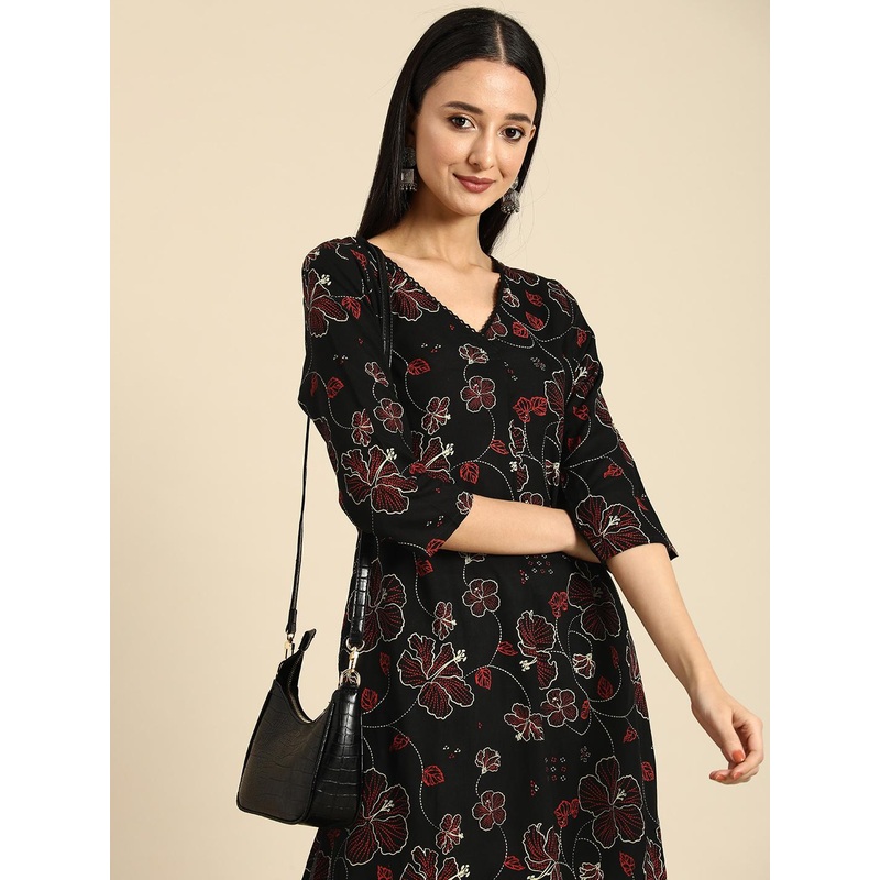 Anouk Women Floral Printed V Neck A-Line Kurta With Lace Detailing