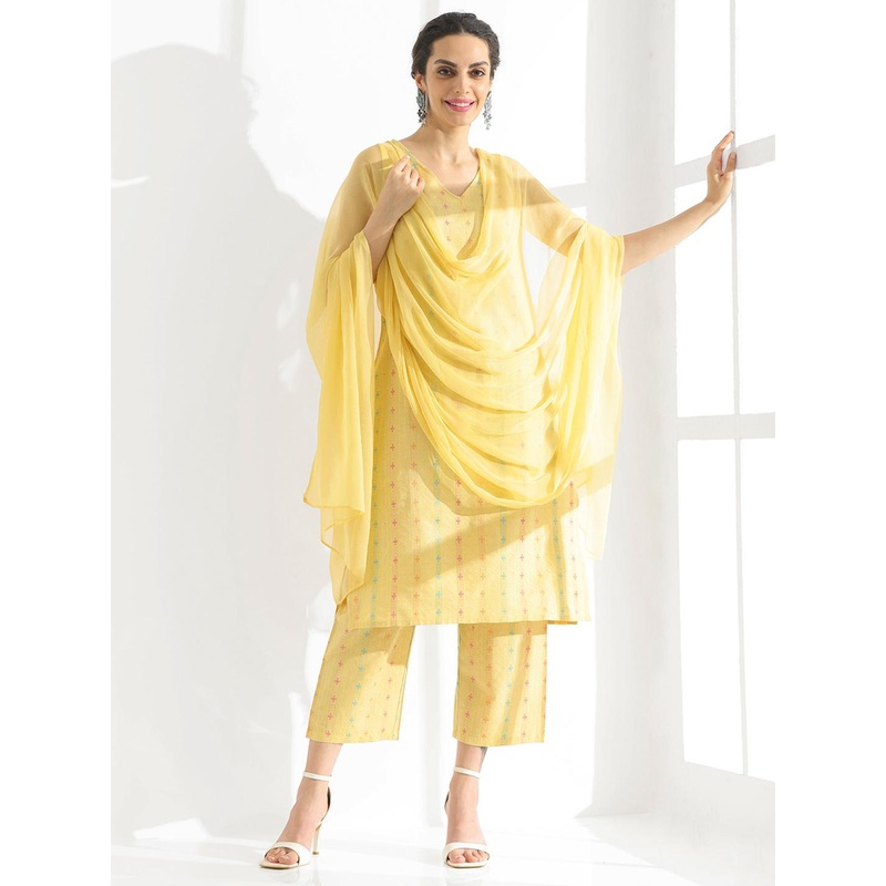 Anouk Yellow Ethnic Motifs Printed Pure Cotton Kurta With Palazzos & Dupatta