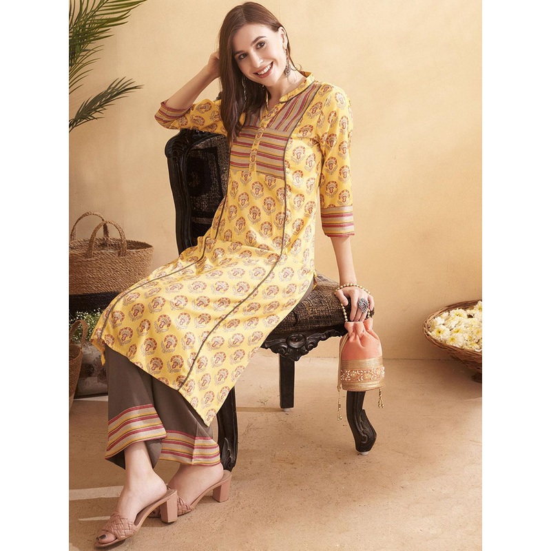 Anouk Yellow Floral Printed Mandarin Collar Liva Straight Kurta With Trouser