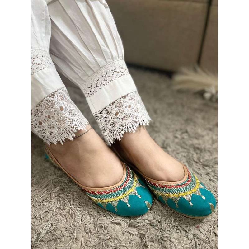 DESI COLOUR Women Sea Green Embellished Ethnic Mojaris Flats