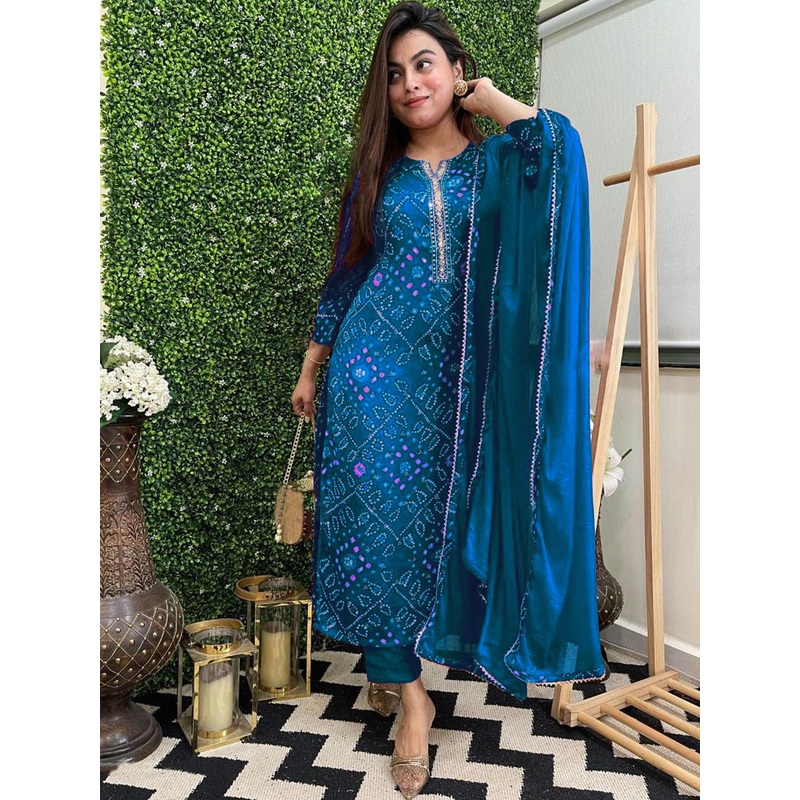 GoSriKi Bandhani Printed Mirror Work Straight Kurta With Trouser & Dupatta