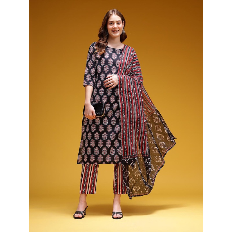 HERE&NOW Ethnic Motifs Print Regular Pure Cotton Kurta with Trousers & Dupatta