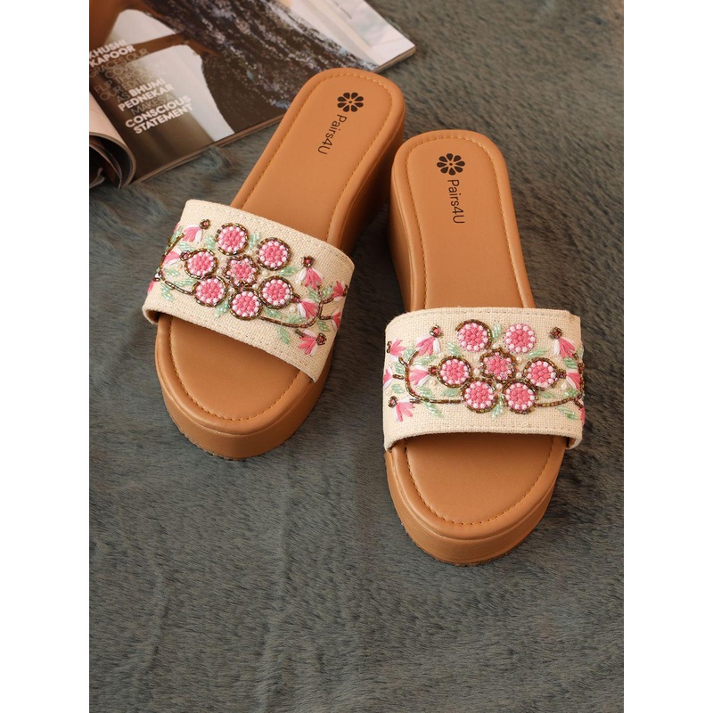 Pairs4U Women Embellished Embroidered Ethnic Platform Sandals