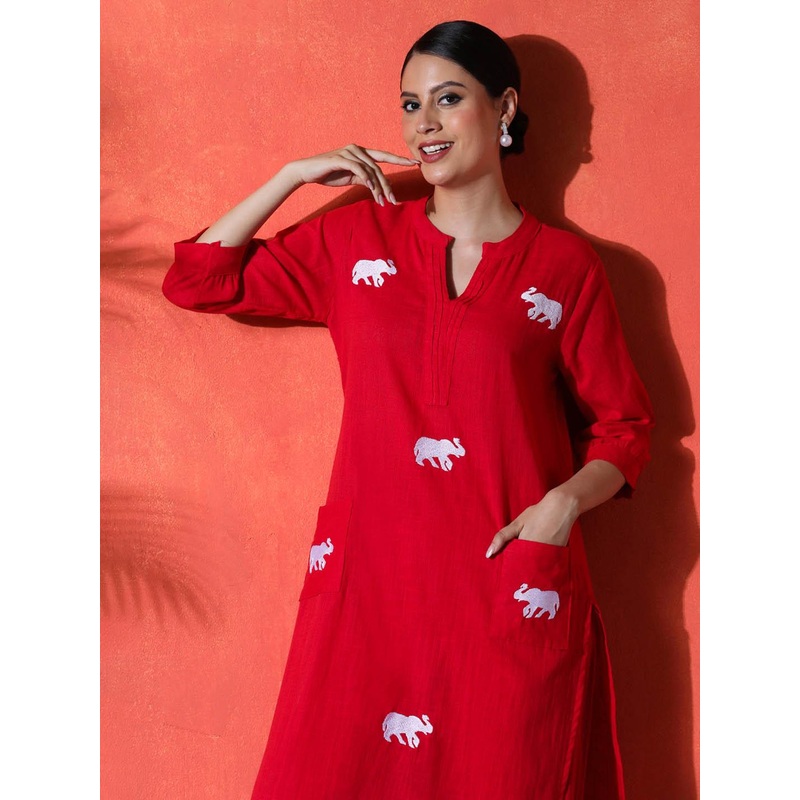 Sangria Animal Printed Mandarin Collar Pure Cotton Straight Kurta With Trouser