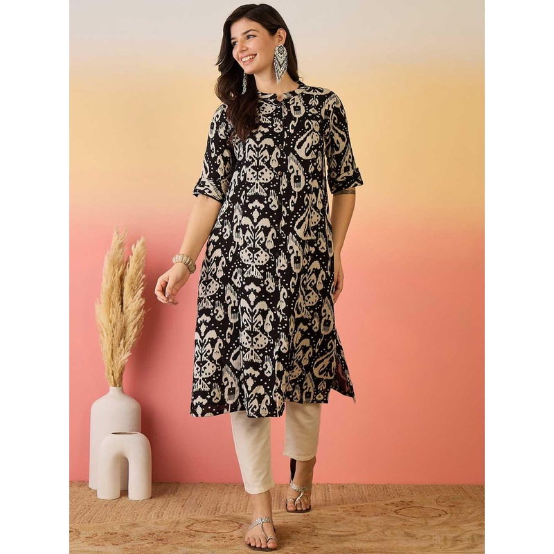 Sangria Black Ikat Printed High Slit Mandarin Collar Roll-Up Sleeves A-line Kurta