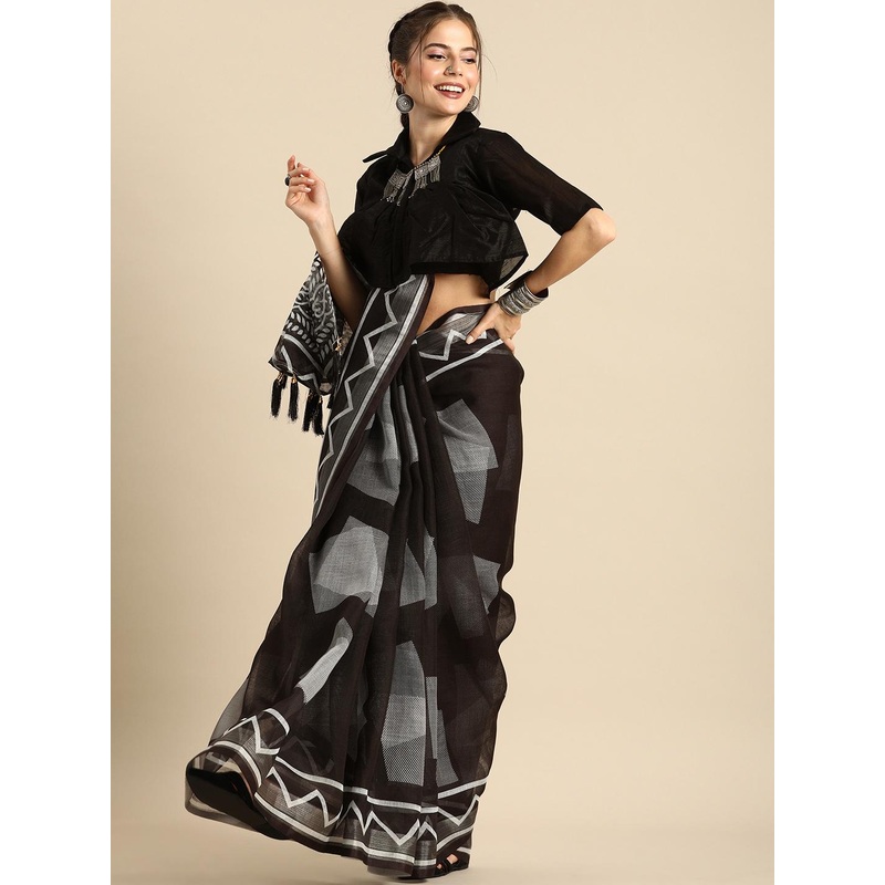 Sangria Black Printed Pure Linen Saree