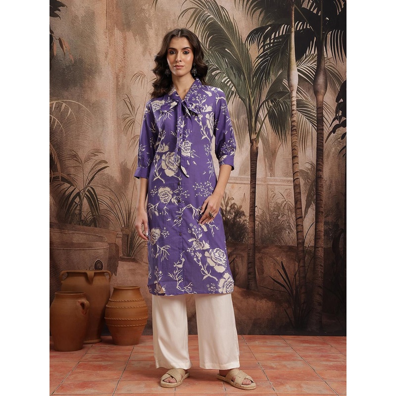 Sangria Cotton Tie-Up Neck Floral Print Kurta