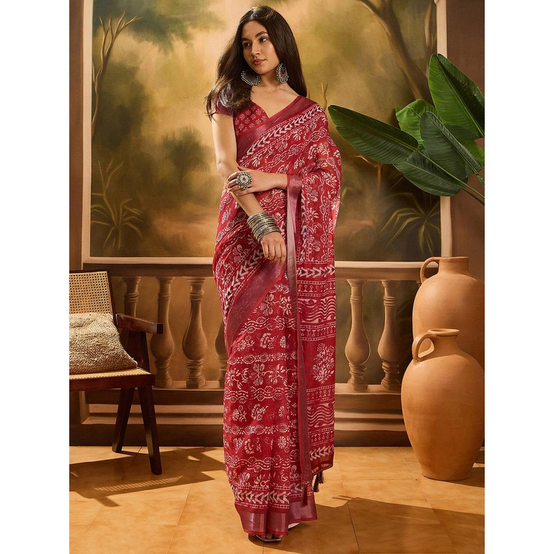 Sangria Women Warli Printed Linen Cotton Saree