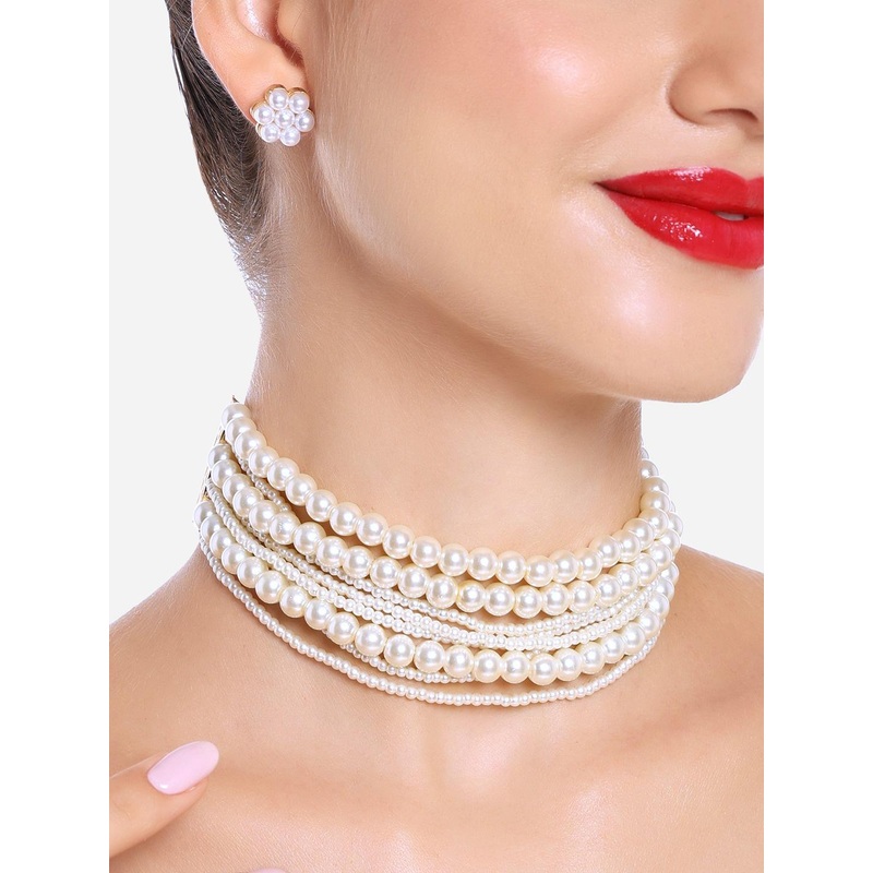 Zaveri Pearls Gold-Plated Faux Pearls Studded Choker Necklace & Earrings