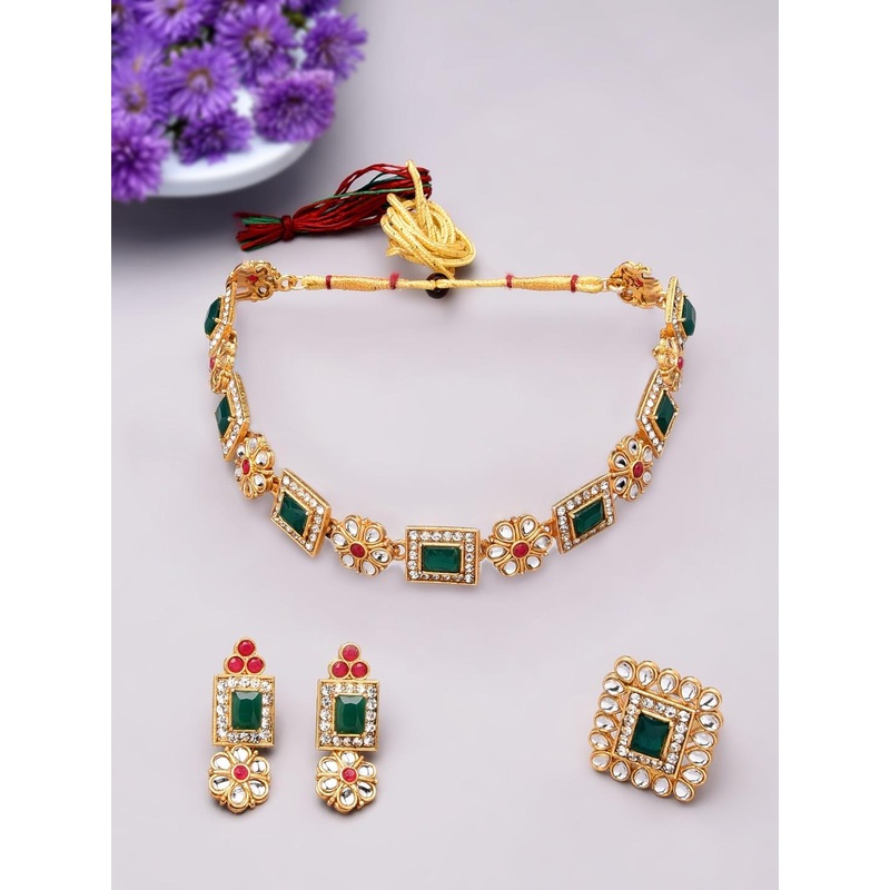 Zaveri Pearls Gold-Plated Green & Pink Kundan-Studded Temple Jewellery Set