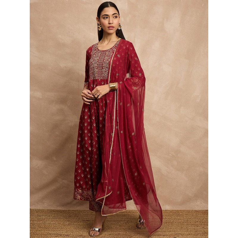 all about you Ethnic Motifs Embroidered Anarkali Kurta With Trousers &  Dupatta