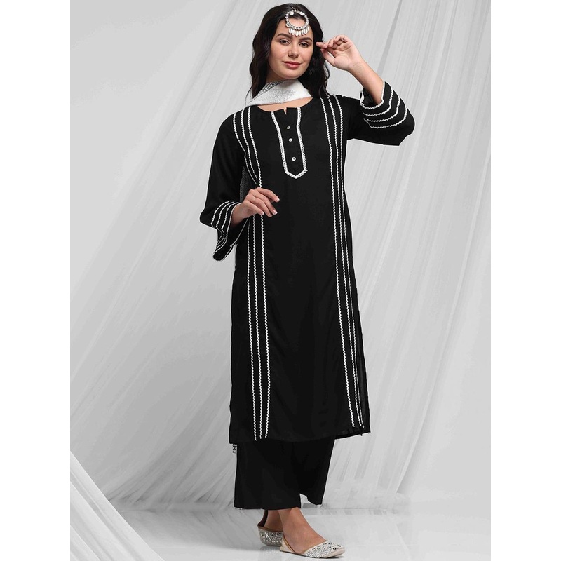 Anouk Black Striped Gotta Patti A-Line Kurta with Palazzos & With Dupatta