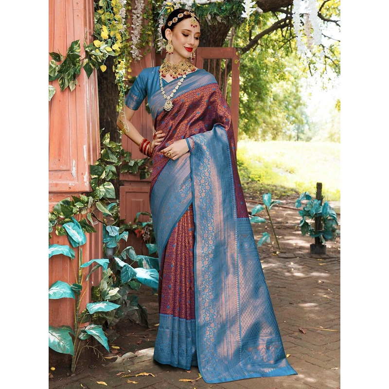 Anouk Blue & Copper-Toned Ethnic Motifs Woven Design Zari Art Silk Kanjeevaram Saree