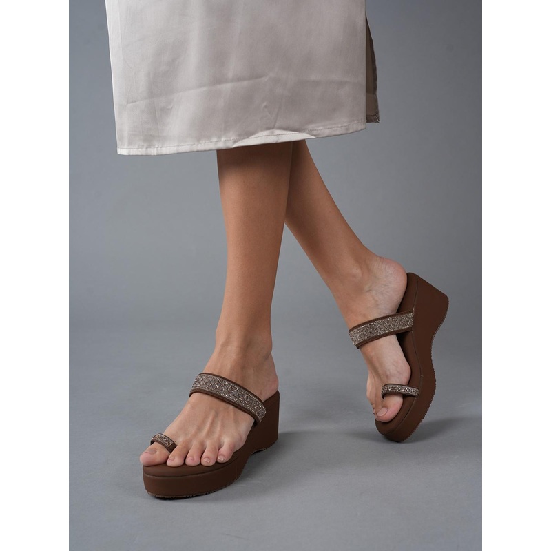 Anouk Women Brown Embellished Open Toe Ethnic Wedge Heels