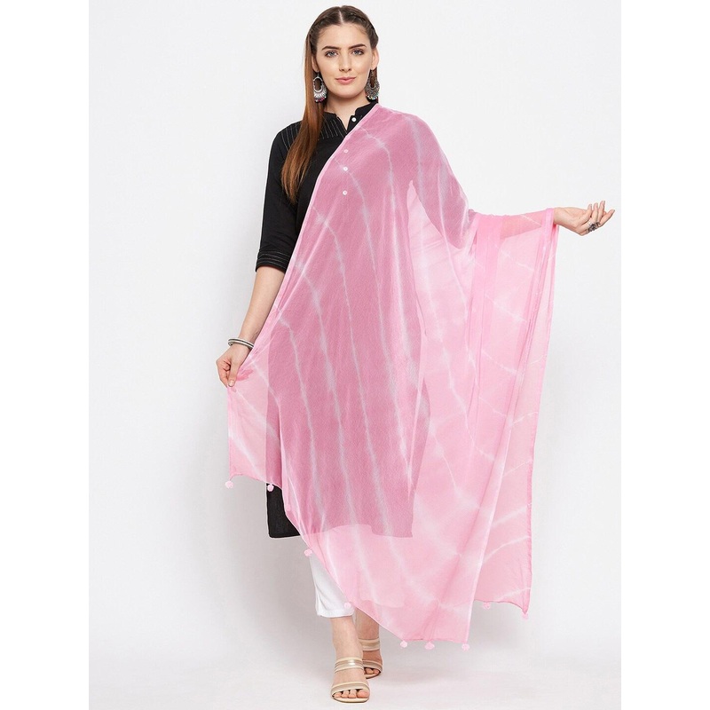 Clora Creation Women Baby Pink & White Striped Leheriya Dupatta