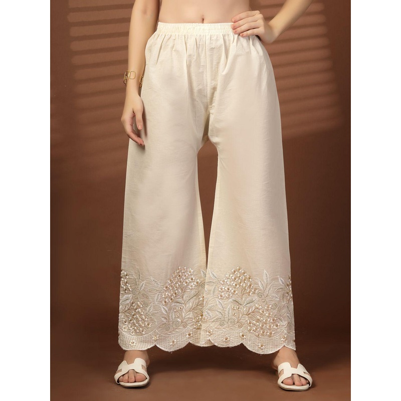 Clora Creation Women Floral Embroidered Straight Cotton Palazzos