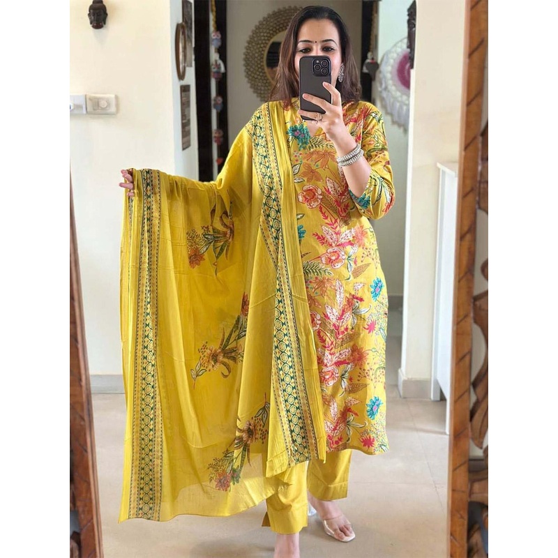 GoSriKi Floral Printed V-Neck Straight Kurta With Trouser And Dupatta