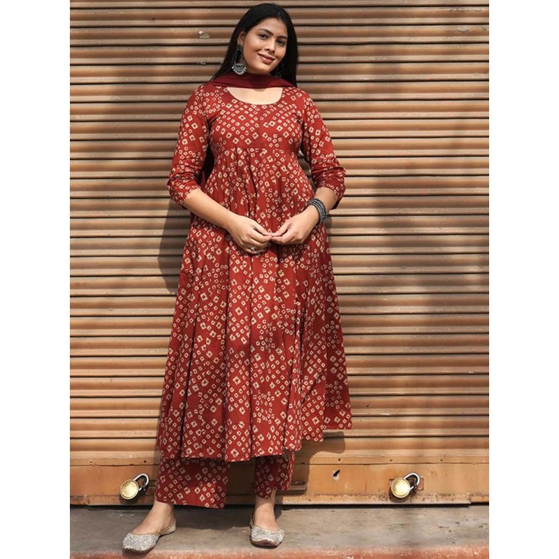 GoSriKi Women Bandhani Printed Anarkali Kurta with Trousers & Dupatta