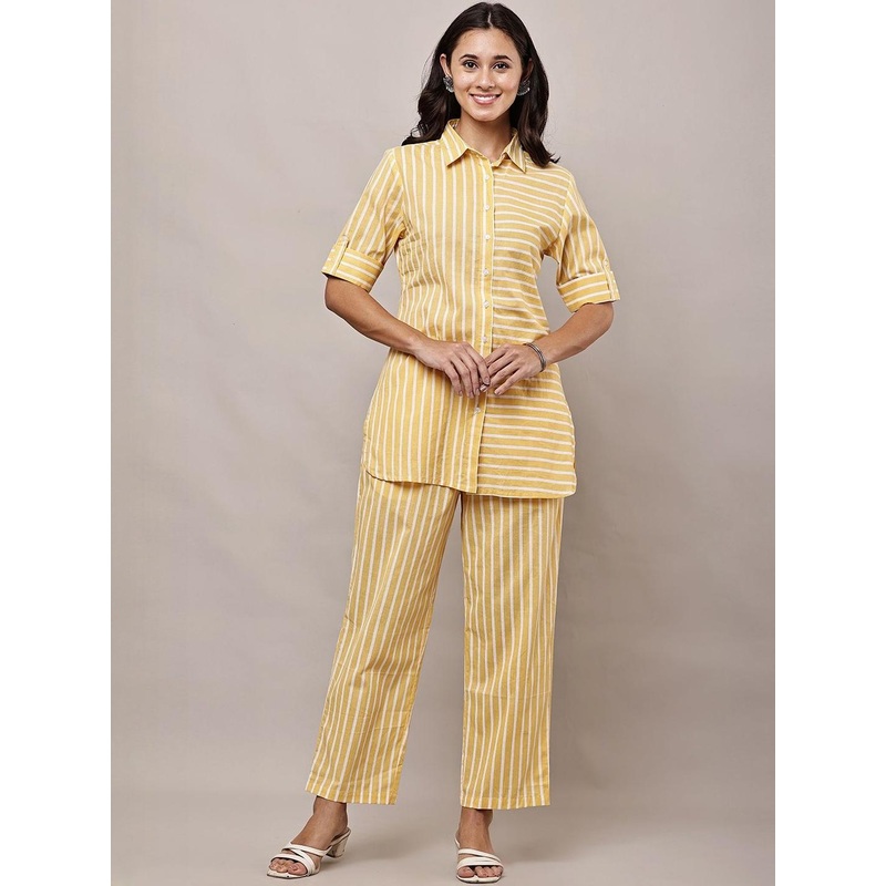 HERE&NOW Women Yellow Pure Cotton Striped Co-Ords