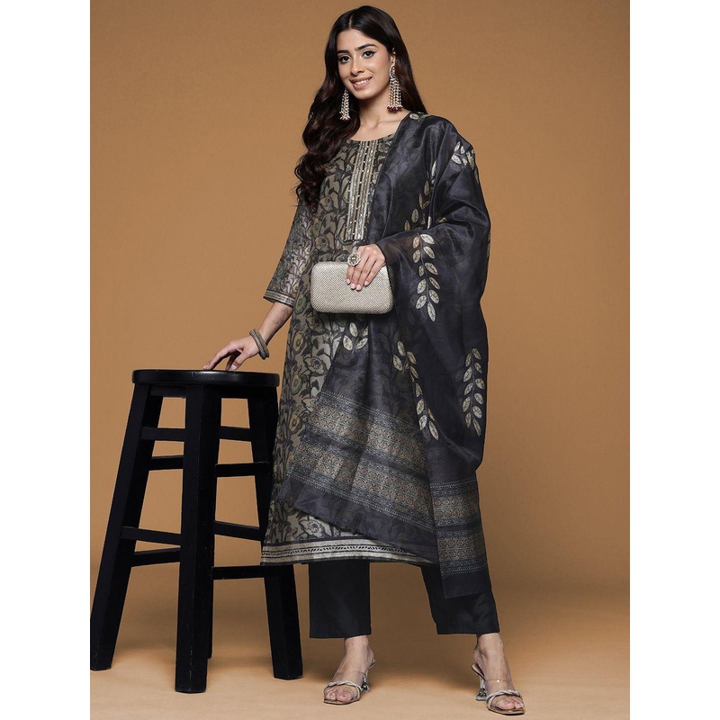 House of Pataudi Floral Printed Straight Kurta & Trouser With Dupatta