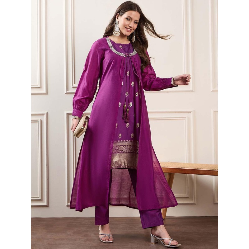 House of Pataudi Woven Design Kurta & Palazzo With Jacket