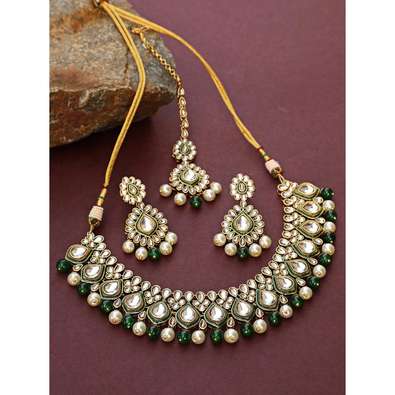 Jazz and Sizzle Gold-Plated Green & White Kundan-Studded Beaded Jewellery