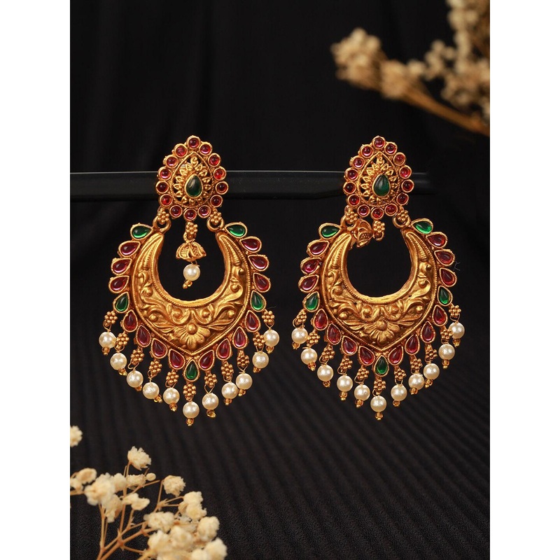 Jazz and Sizzle Gold-Plated Stone Studded & Beaded Crescent Shaped Chandbalis Earrings