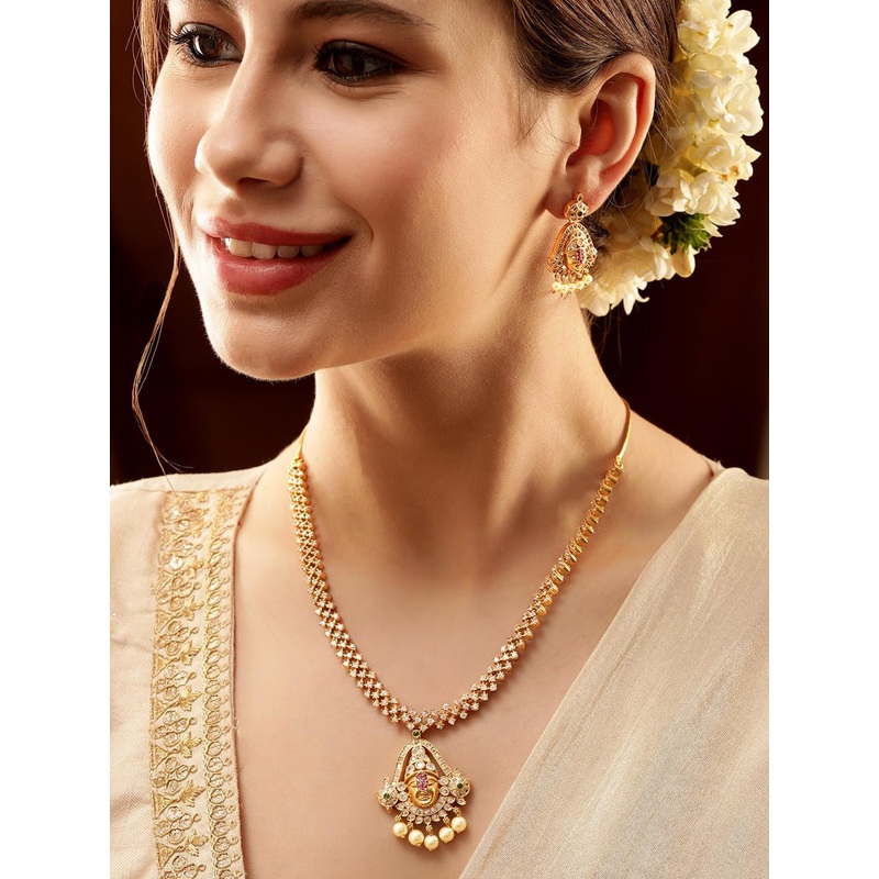 Rubans Gold-Plated American Diamond-Studded & Pearl Beaded Temple Jewellery Set