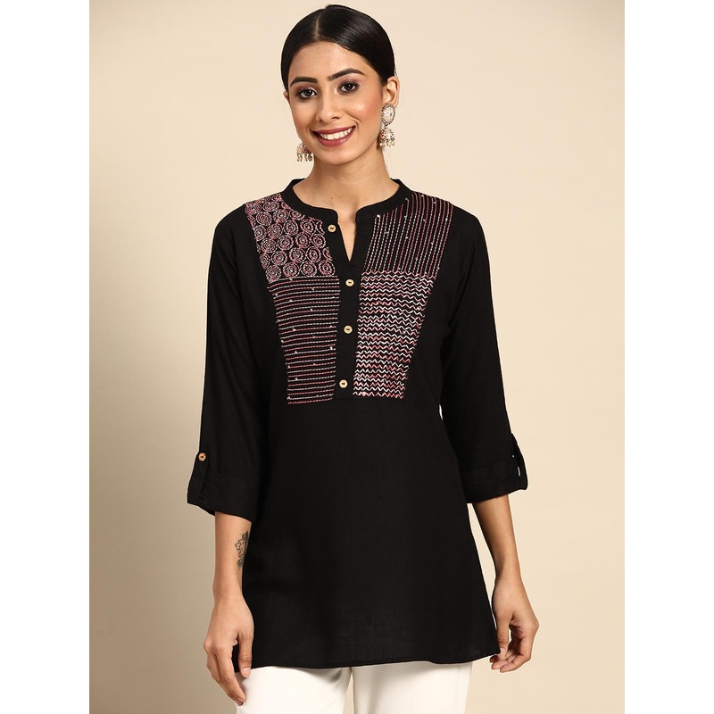 Sangria Black Yoke Embroidered A-Line Top