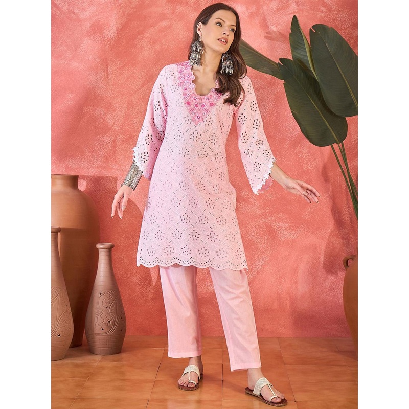 Sangria Chikankari Embroidered 100% Cotton Kurta With Trousers