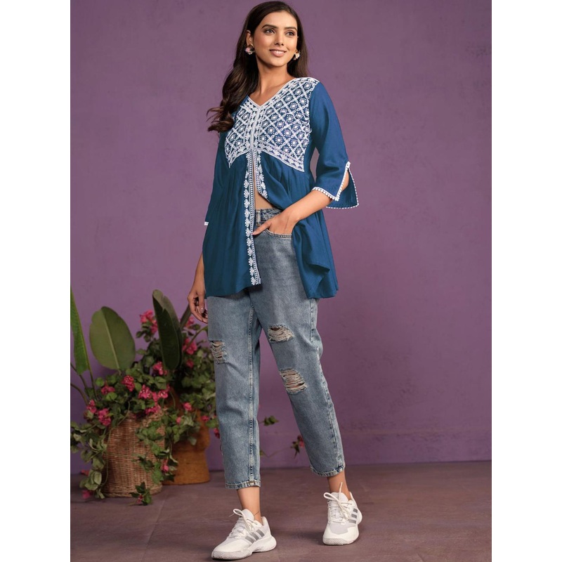 Sangria Chikankari Embroidered V-Neck Short Kurtis