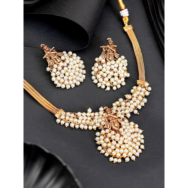 Saraf RS Jewellery Gold-Plated Faux Pearls Beaded Shri Krishna Motif Temple Jewellery Set